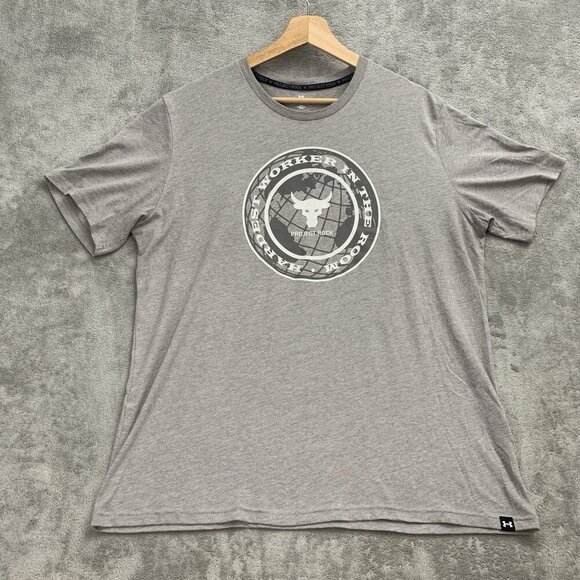 Under Armour Shirt Men Large Gray Project Rock Globe World Logo Loose Fit Tee - Picture 1 of 6